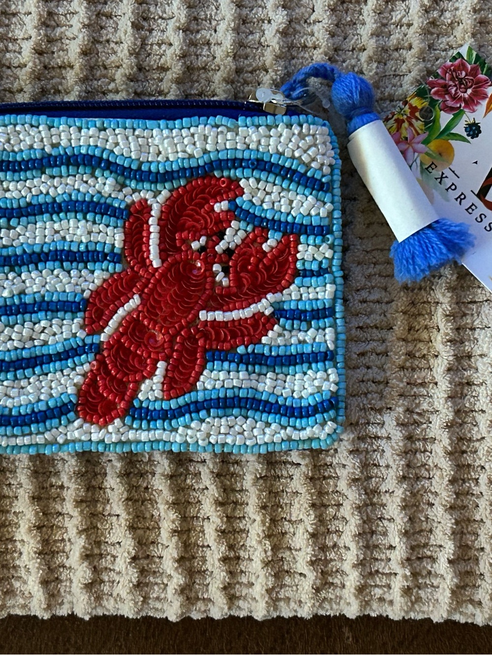 American and Beyond Beaded Red Lobster Clutch with Blue & White Waves